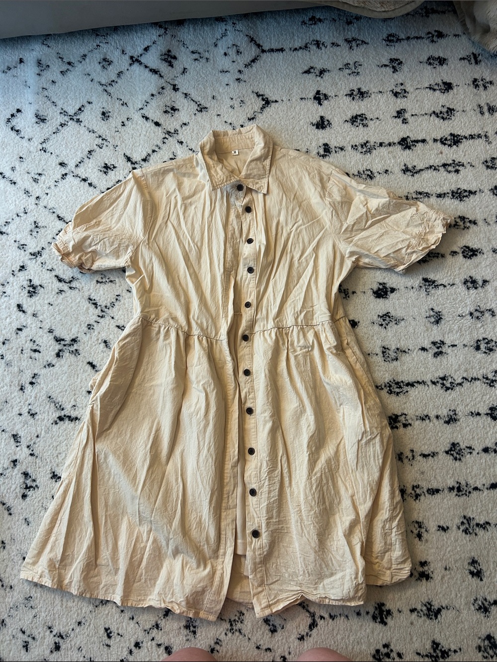 Amazon Cream Button-Front Midi Dress with Short Sleeves